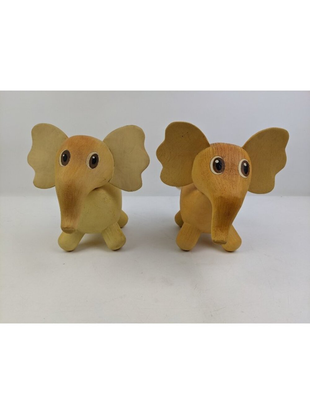 Vintage Wood Elephant Figurines 8" Tall Big Eyes MCM Mid Century